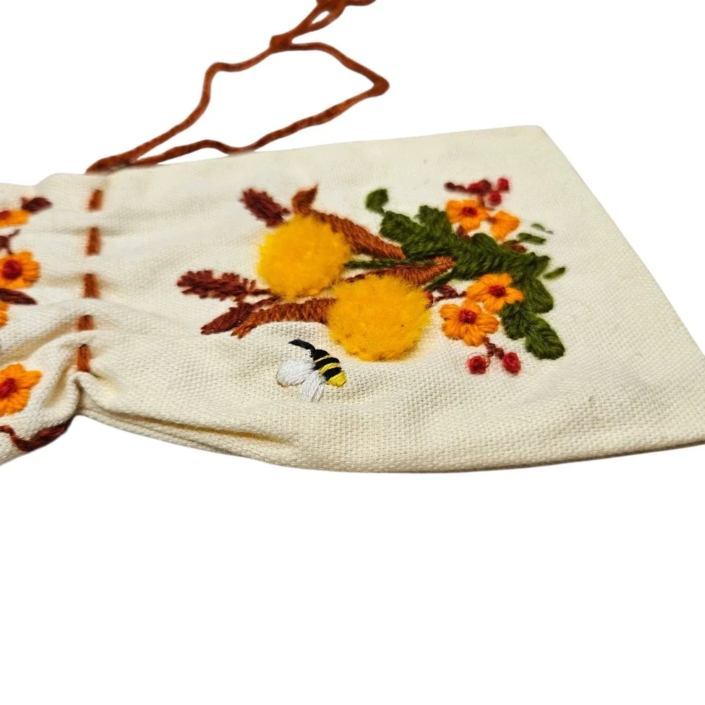 Hand Embroidered Drawstring Pouch Bag Floral Bee Cottagecore Keepsake Gift Indie